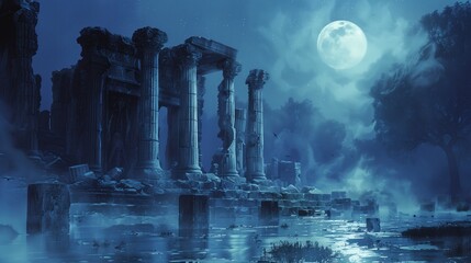 Night Scene With Full Moon Painting Image