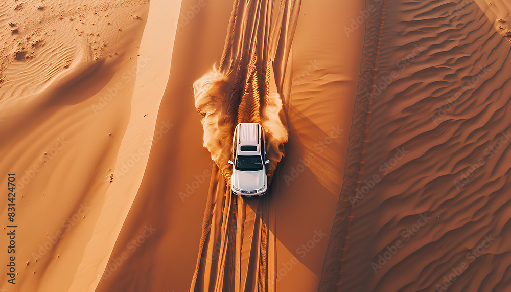 Wall mural car moves through deep sand in the desert top view