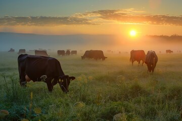 Morning Serenity: Cows Grazing at Dawn