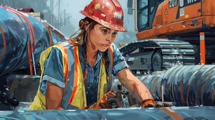 Woman in Hard Hat Working on Pipes