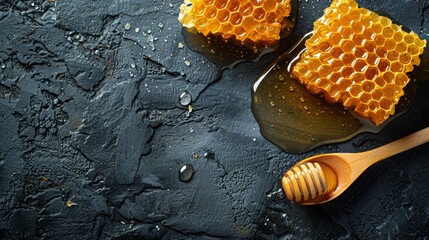 Honey, natural honey comb and wooden spoon on a black background. Natural honey.
