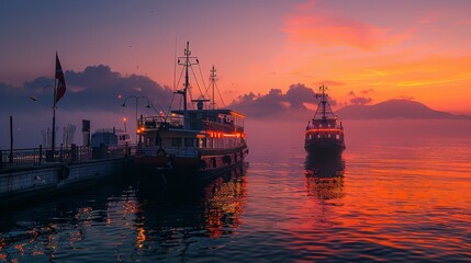 Fototapeta premium Ships, their silhouettes in the bay near the pier at sunset.