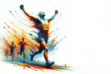abstract paint Marathon runner finishes running with arms raised Isolated on white background