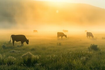 Sunrise Symphony: Cattle in the Misty Meadow