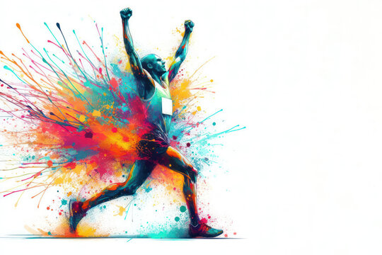 abstract paint Marathon runner finishes running with arms raised Isolated on white background