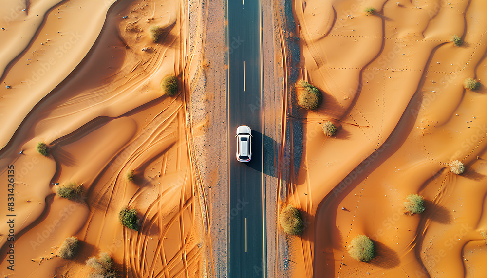 Poster car moves along an asphalt road in the desert top view