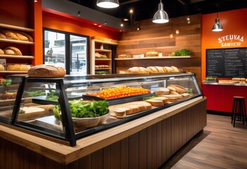 stylish gourmet sandwich shop interior design fresh ingredients modern decor, cafe, trendy, cozy, seating, area, counter, display, menu, board, lighting, wooden