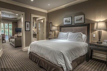 Elegant hotel suite with classic decor and spacious layout, offering a luxurious and comfortable stay
