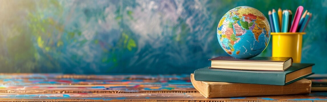 A globe sits beside books and a container of colorful pencils on a wooden desk, with a chalkboard background, symbolizing education and learning. With copy space for text
