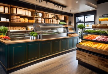 stylish gourmet sandwich shop interior design fresh ingredients modern decor, cafe, trendy, cozy, seating, area, counter, display, menu, board, lighting, wooden