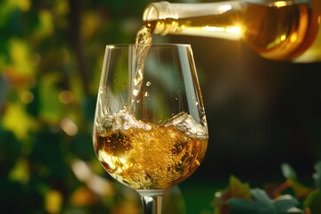 White Wine Pouring from a Bottle into a Stemmed Glass