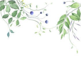 Green border with abstract plants and leaves. Watercolor isolated floral illustration for invitation or greeting cards, colorful background for your text, ecology frame.