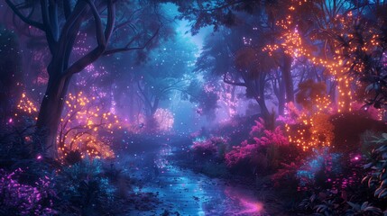 Night Lush Forest Teeming With Trees and Flowers