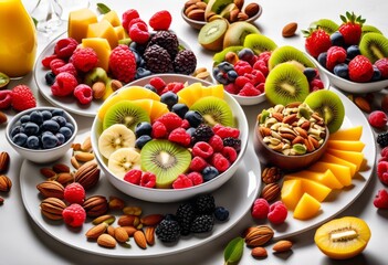 nutritious breakfast concept fresh yogurt white plate, antioxidants, apple, apricot, banana,...
