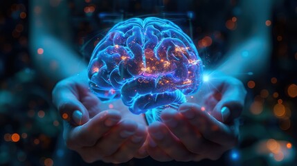 Hands holding a glowing, digital brain, symbolizing artificial intelligence and human connection with technology. Futuristic and innovative concept.