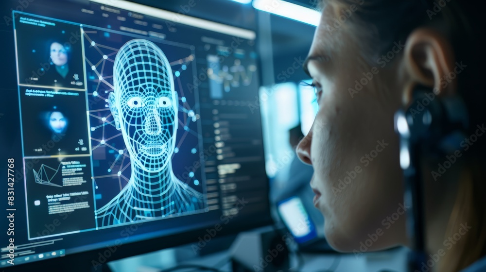 Aufkleber Face recognition software on a computer screen in a tech environment. Represents biometric authentication, cyber security, and advanced technology.