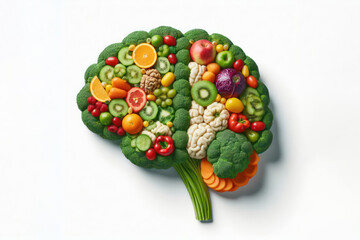 Brain Shaped Fresh Fruit and Veggies Isolated on white background