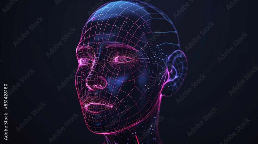 Aufkleber Digital rendering of a futuristic AI face with glowing neon gridlines. Emphasizes advanced facial recognition technology and digital identity.