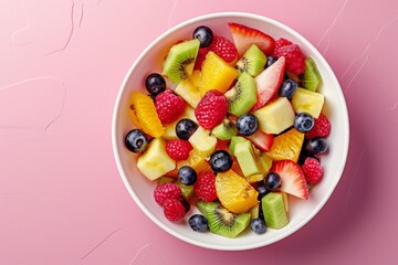 Fruit salad in a bowl on a pink background with copy space, in a top view. A fresh healthy food concept. colorful fruit bowl filled with tropical fruits in a white plate. fresh summer dish
