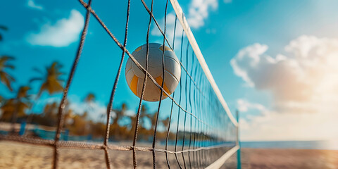 Blue sky and beach volleyball ball and net, summer seascape perfect for travel blogs, holiday destination marketing, and beach sports event promotions, featuring generous copy space for text placement