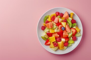 Fruit salad in a bowl on a pink background with copy space, in a top view. A fresh healthy food concept. colorful fruit bowl filled with tropical fruits in a white plate. fresh summer dish