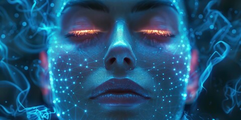 Close-up of a face with eyes closed, illuminated by neon blue lights and glowing dots, creating a futuristic and serene atmosphere.