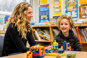 Fototapeta premium A cheerful teacher engaging with a young child in a colorful classroom. The child is smiling and surrounded by toys and books, creating a fun learning environment.