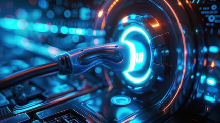 Close-up of a glowing data cable connected to futuristic technology, representing high-speed internet and digital connectivity.