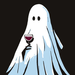 Cartoon ink brush illustration of a bright, clean white ghost standing at a dinner party with a glass of red wine