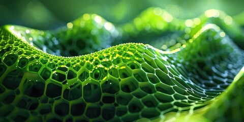 Close-up of lush green moss texture with intricate hexagonal patterns, evoking natural beauty and organic forms in a macro perspective.
