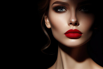 Fototapeta premium Woman Face with Red Lips Spotlight and Shadows Isolated on black background