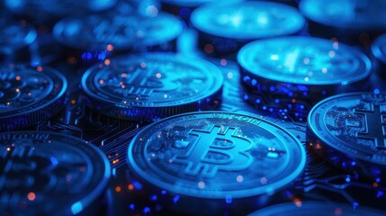 Close-up view of multiple glowing Bitcoin coins stacked together, representing cryptocurrency and blockchain technology.