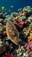  Underwater close-up of spotted fish amidst colorful coral reef and tropical marine life