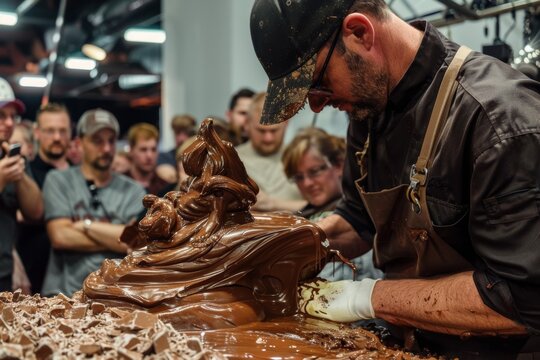 Chocolate Sculpting Event with Talented Artisan and Enthralled Audience - Culinary Artistry, Live Event, and Creative Performance