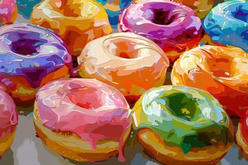 Vibrant and cheerful digital art illustration of assorted colorful glazed donuts. A tempting and delicious treat for any foodie or pastry lover. Perfect for bakery. Dessert. And confectionery designs
