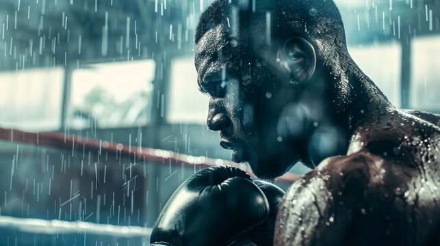 Motivational Boxing Poster Featuring Determined Boxer Training in Rain - Inspirational Quote About Perseverance and Dedication - Powered by Adobe