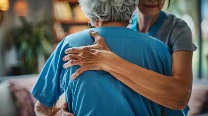 copy space, stockphoto, physiotherapist age around 30 touching the back of an elderly woman during excercises. Health care for elderly people. Senior woman doing excercises.