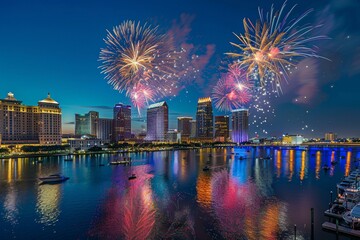 Fototapeta premium Fireworks over downtown Tampa skyline at night during celebration event with reflection on water.