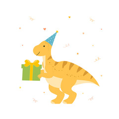 Funny dinosaur with gift box. Birthday card. Cute dino. Hand drawn tyrannosaurus. Vector illustration.