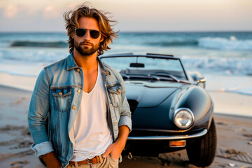 Stylish man in sunglasses and denim jacket standing by a vintage convertible car on a beach during sunset.