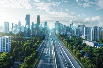 Fototapeta premium Futuristic Cityscape with Advanced Technology, Automated Systems, and Sustainable Infrastructure