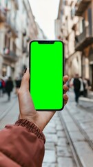 Person holding smartphone with green screen in urban street setting for advertising or app demo display mockup