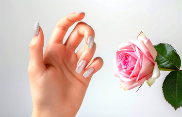 A beautiful woman's hand with a perfect French manicure, one of the nails is painted in the style of silver glitter and another nail has a pink color