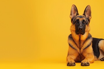 Obraz premium Full body studio portrait of a beautiful German shepherd dog. The dog is lying down and looking up over a background of pastel shades, looking majestic.
