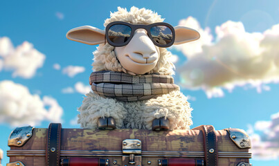 Cartoon sheep on Vacation with Sunglasses, Suitcases, under blue sky and fluffy clouds