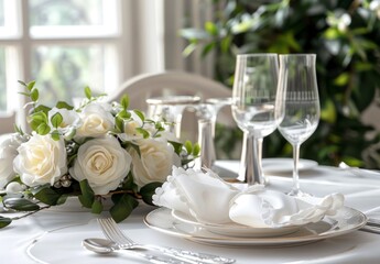 An elegant, luxurious fine dining table set with silverware, wine glasses, and flowers for special occasions like a date, family toast, wedding, anniversary, Thanksgiving, or Christmas dinner.