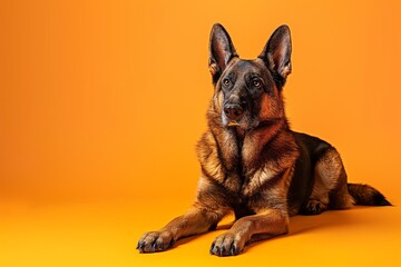 Fototapeta premium Full body studio portrait of a beautiful German shepherd dog. The dog is lying down and looking up over a background of pastel shades, looking majestic.
