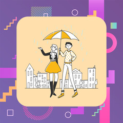 Girl and guy dating in rain. Walking couple holding umbrella, parasol flat vector illustration. Weather, protection, climate concept for banner, website design or landing web page