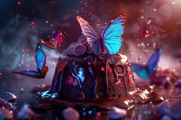 Magical scene with vibrant blue butterflies fluttering around a chocolate dessert, with ethereal lighting and effects.