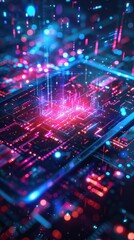 Obraz premium Futuristic neon-lit circuit board with glowing microchips, representing advanced technology and innovation in the digital world.
